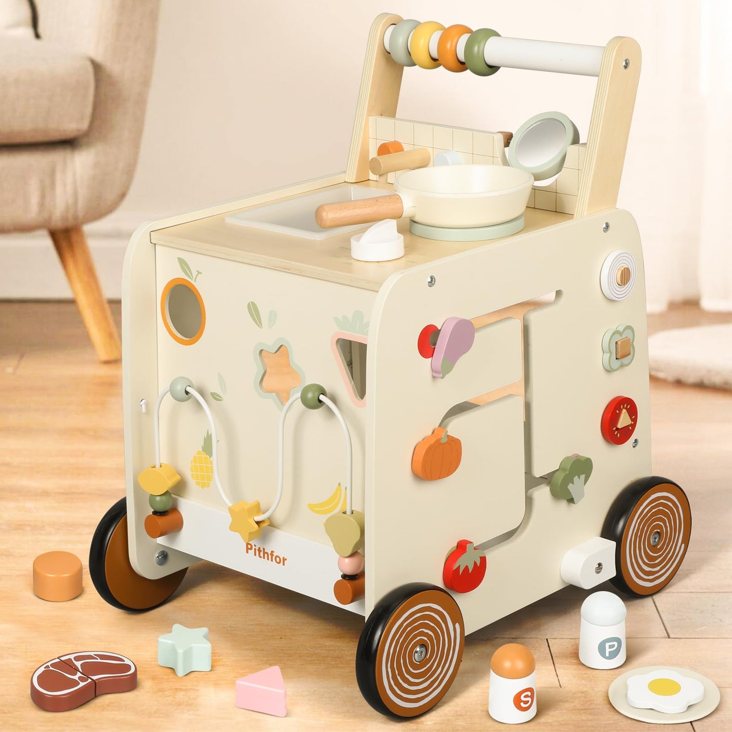 Pithfor Wooden Baby Walker – 3-in-1 Push Walker, Montessori Sensory Center & Pretend Kitchen