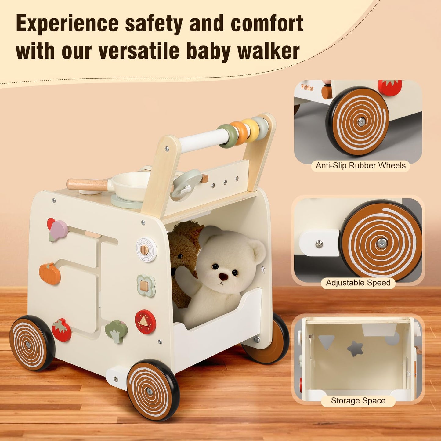 Pithfor Wooden Baby Walker – 3-in-1 Push Walker, Montessori Sensory Center & Pretend Kitchen