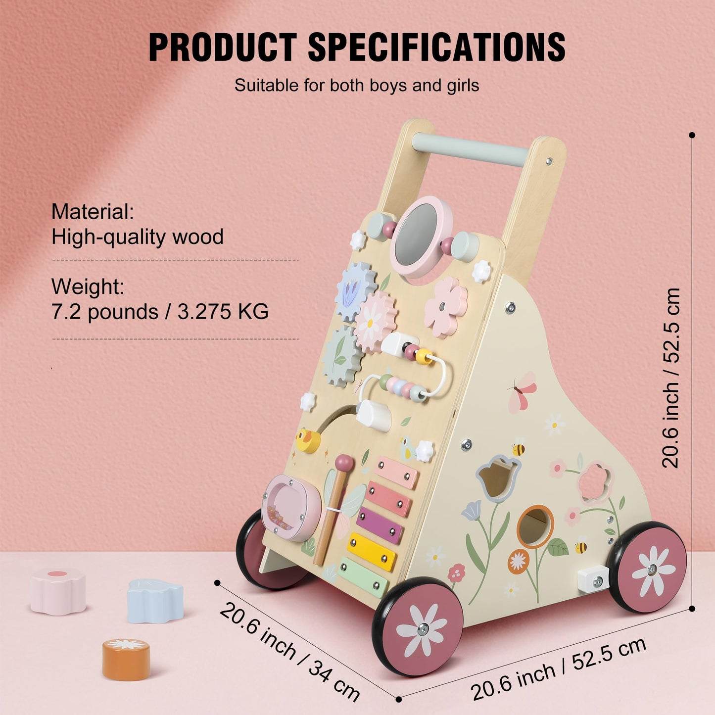 Pithfor Wooden Baby Walker — Montessori Sensory Push Walker for First Steps and Sit-to-Stand