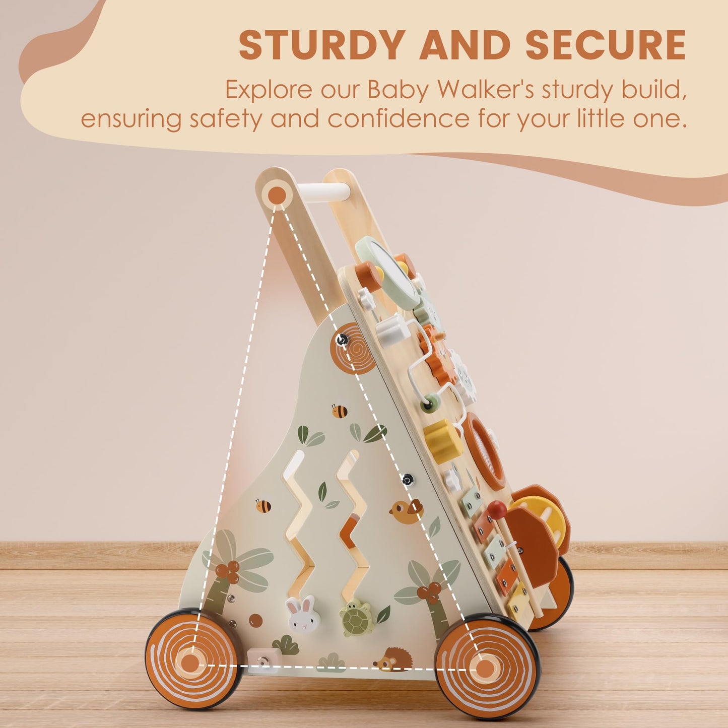 Pithfor Wooden Baby Walker – Montessori Push Walker with 8 Activities for First Steps