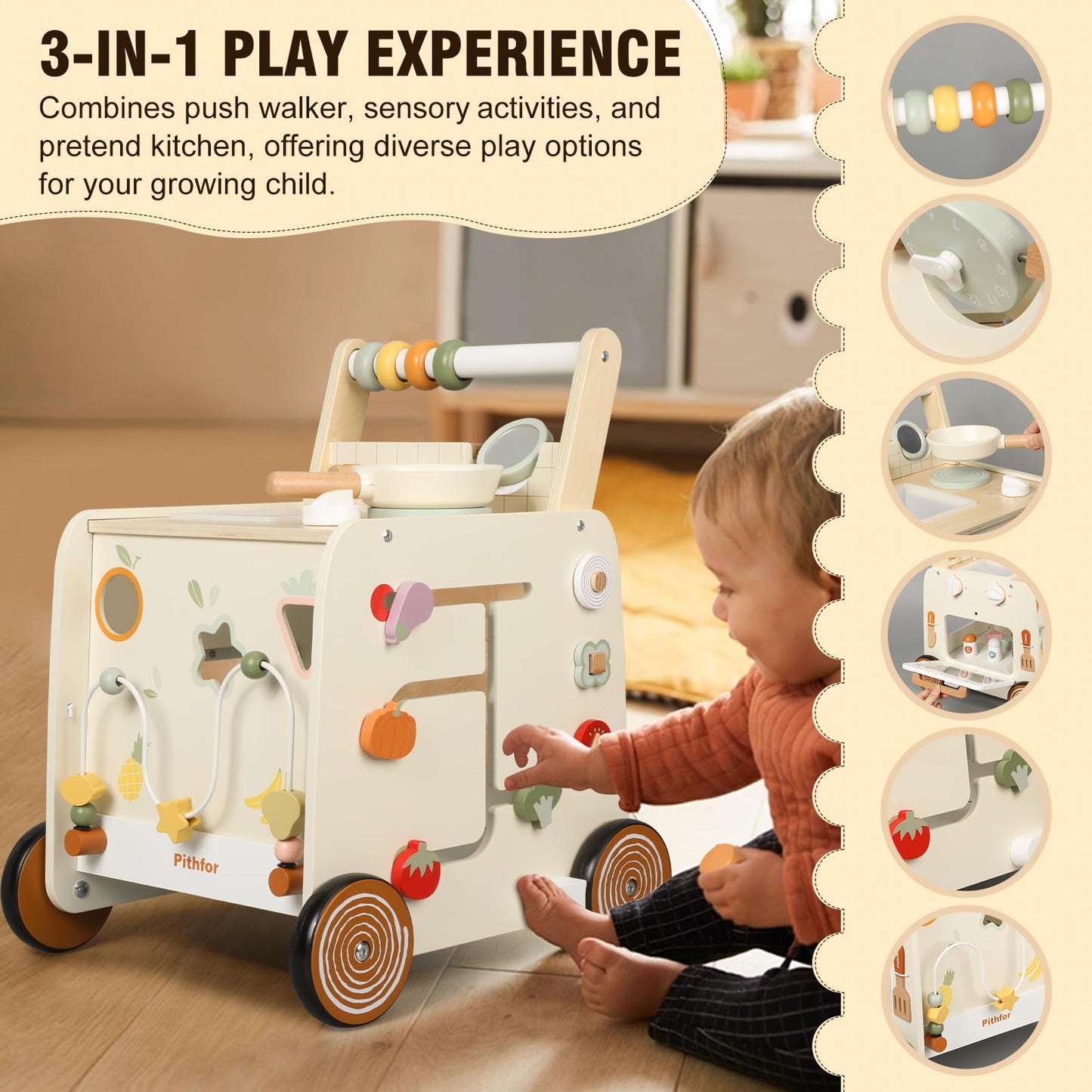 Pithfor Wooden Baby Walker – 3-in-1 Push Walker, Montessori Sensory Center & Pretend Kitchen