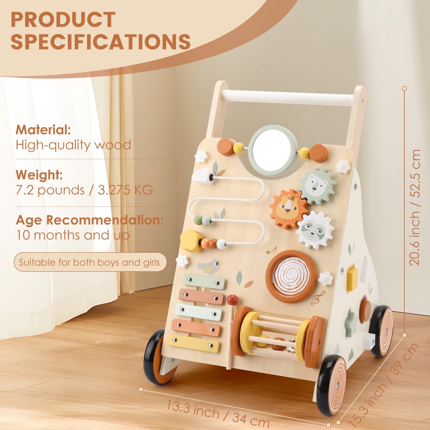 Pithfor Wooden Baby Walker – Montessori Push Walker with 8 Activities for First Steps