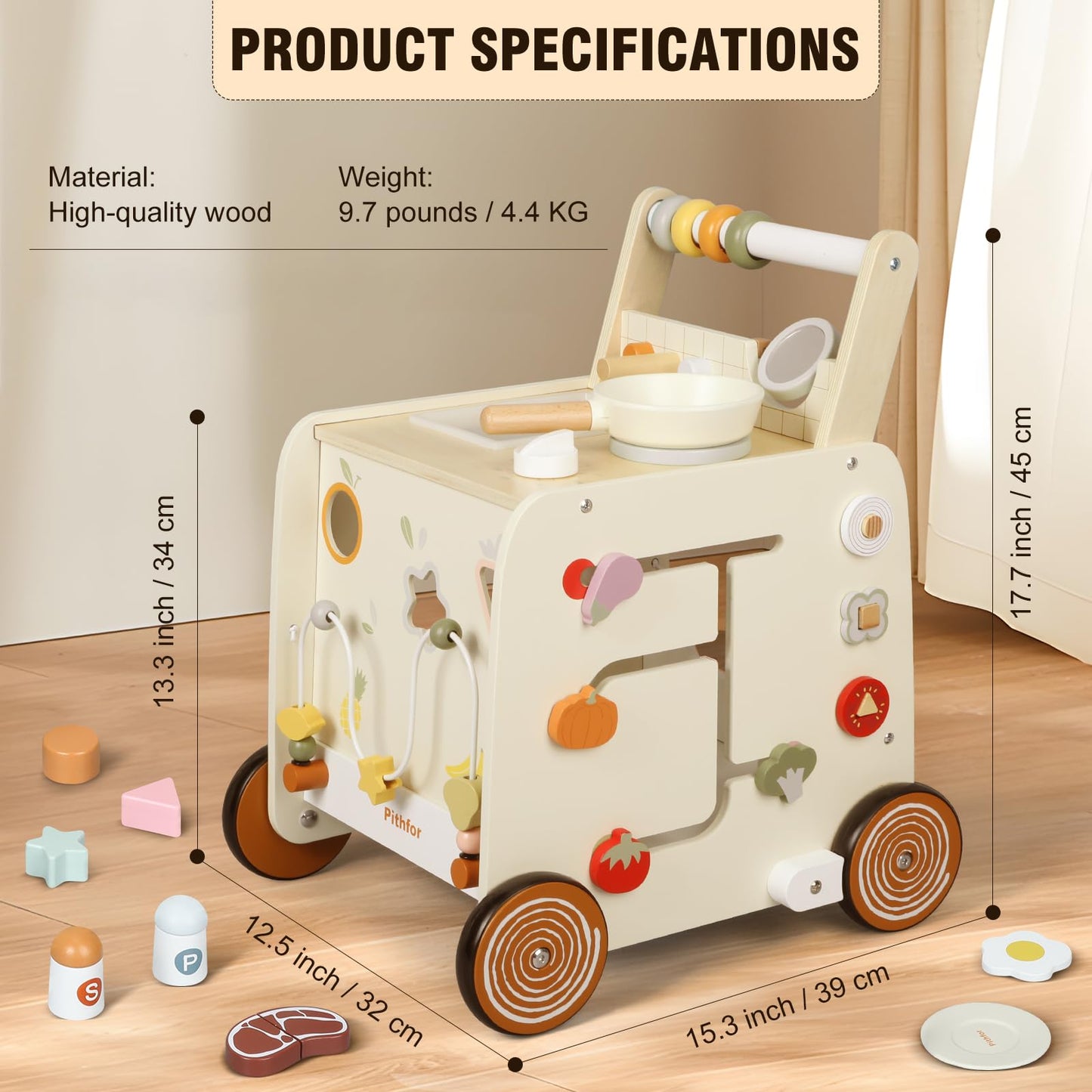 Pithfor Wooden Baby Walker – 3-in-1 Push Walker, Montessori Sensory Center & Pretend Kitchen