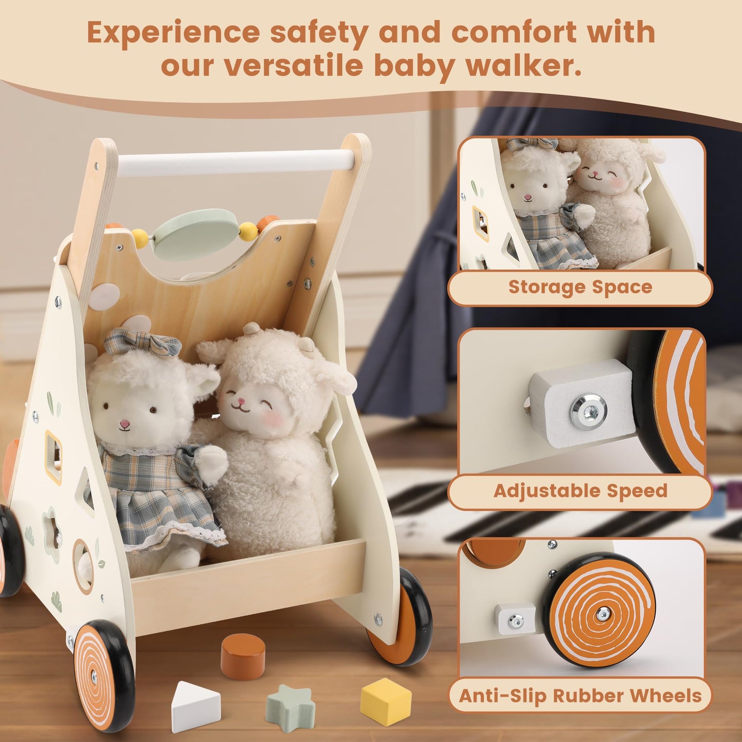 Pithfor Wooden Baby Walker – Montessori Push Walker with 8 Activities for First Steps