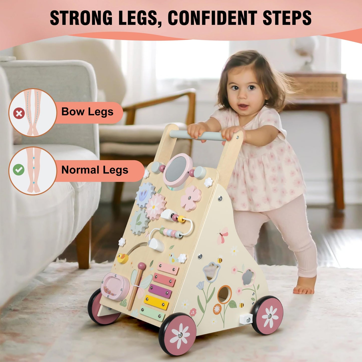 Pithfor Wooden Baby Walker — Montessori Sensory Push Walker for First Steps and Sit-to-Stand