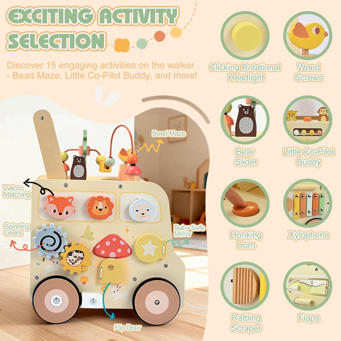 Pithfor Wooden Activity Cube Push Walker – Montessori Baby Walker for Ages 10–12 Months to 3 Years