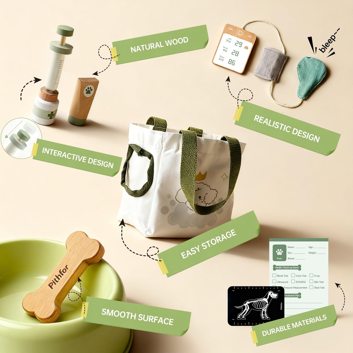 Pithfor Wooden Doctor Kit for Kids | Pretend Vet Play Set for 3-6 Years