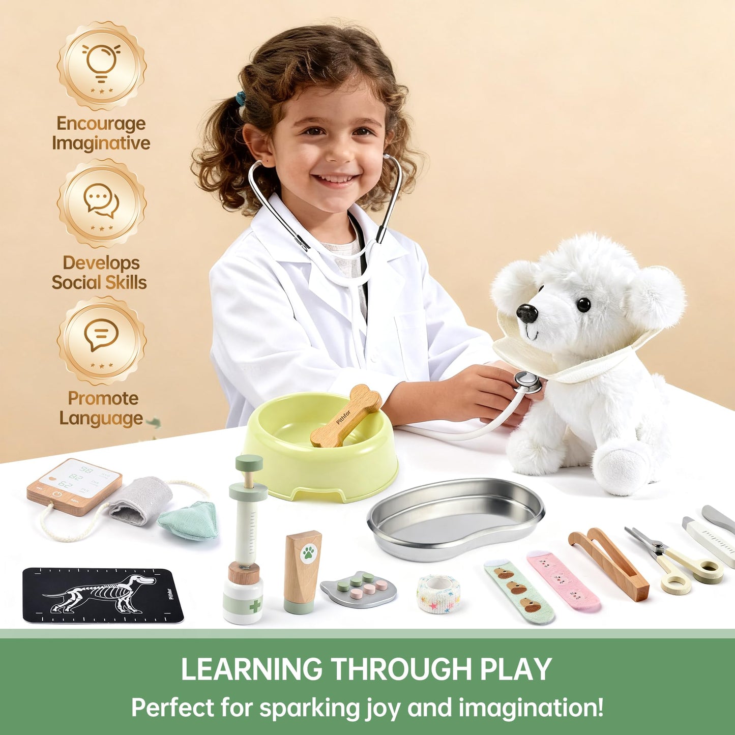 Pithfor Wooden Doctor Kit for Kids | Pretend Vet Play Set for 3-6 Years