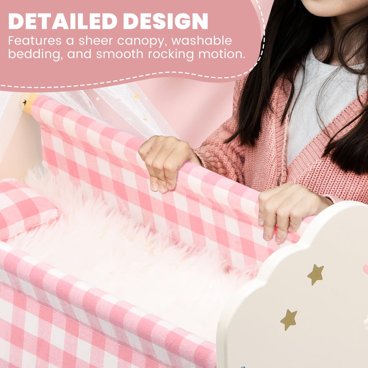Pithfor Wooden Doll Crib Set for 18-Inch Dolls | Bedding & Canopy