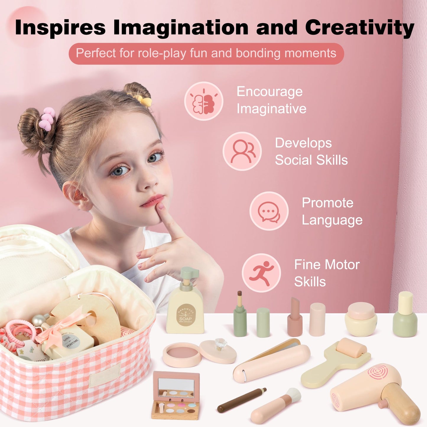 Pithfor Wooden Makeup Toy Set – Pretend Play Beauty Kit for Kids 3+