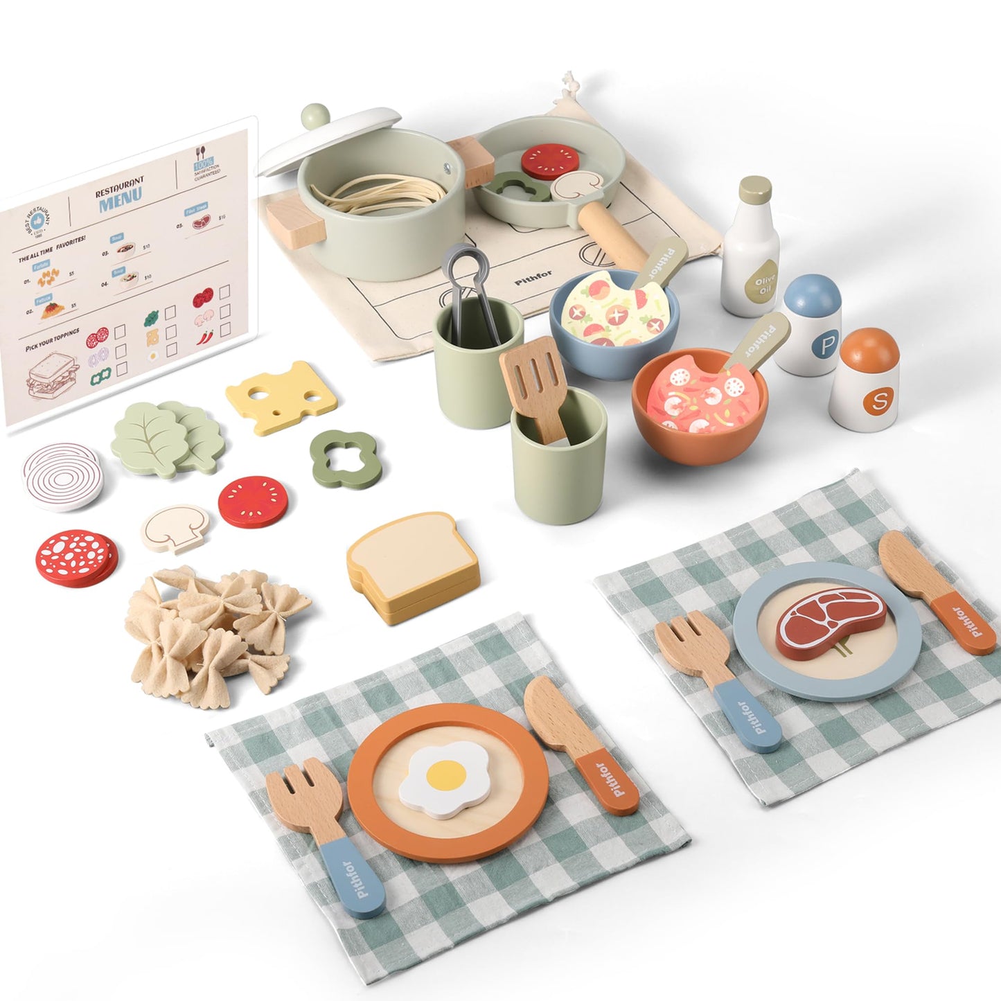 Pithfor Wooden Play Cooking Set – Pretend Kitchen Toys for Kids Aged 3-5