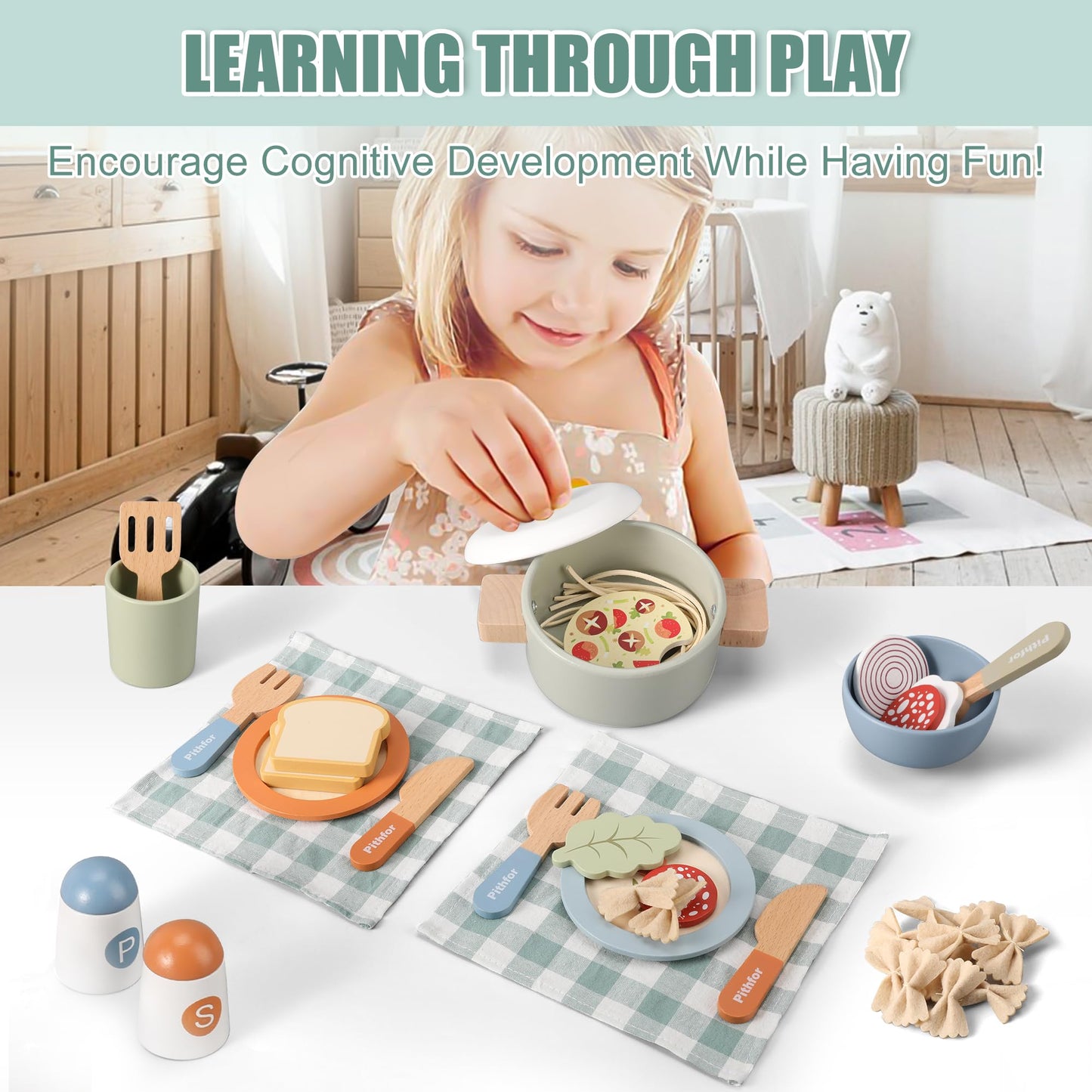 Pithfor Wooden Play Cooking Set – Pretend Kitchen Toys for Kids Aged 3-5