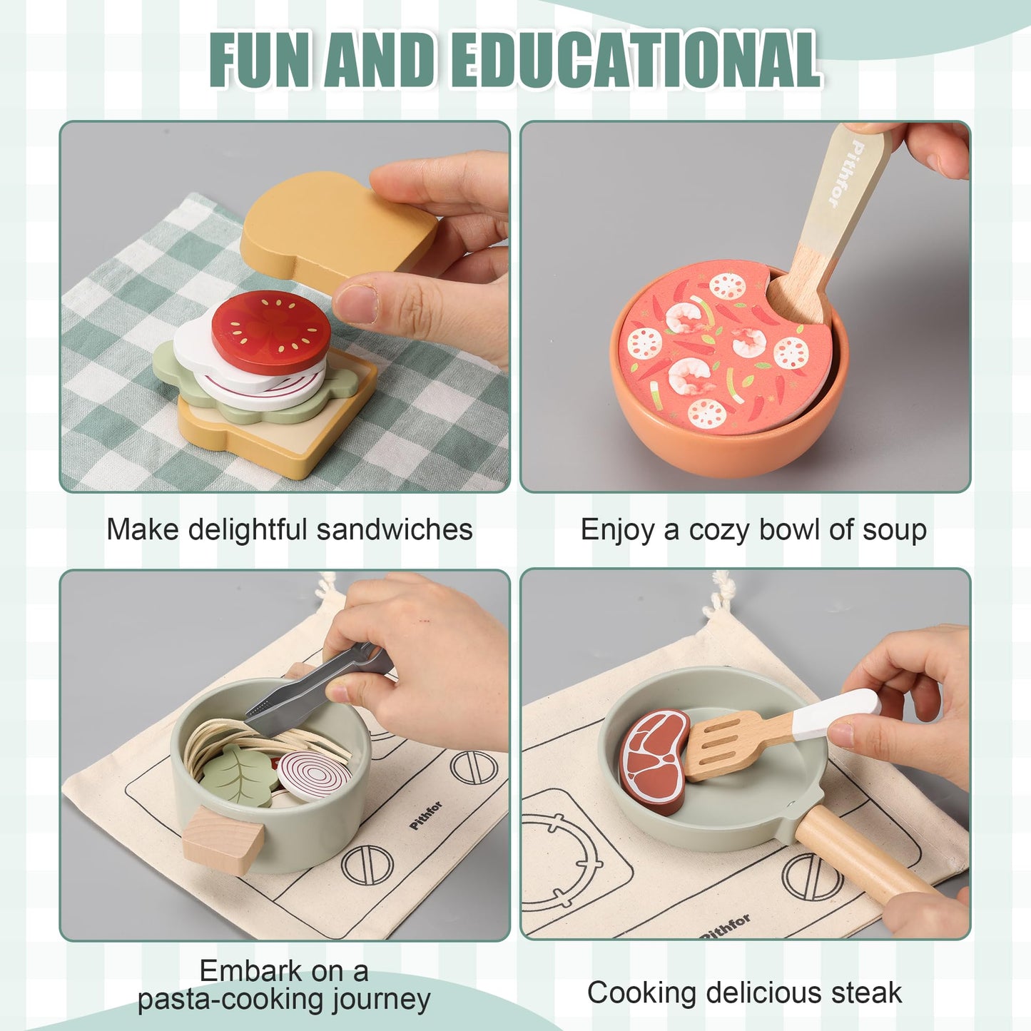 Pithfor Wooden Play Cooking Set – Pretend Kitchen Toys for Kids Aged 3-5