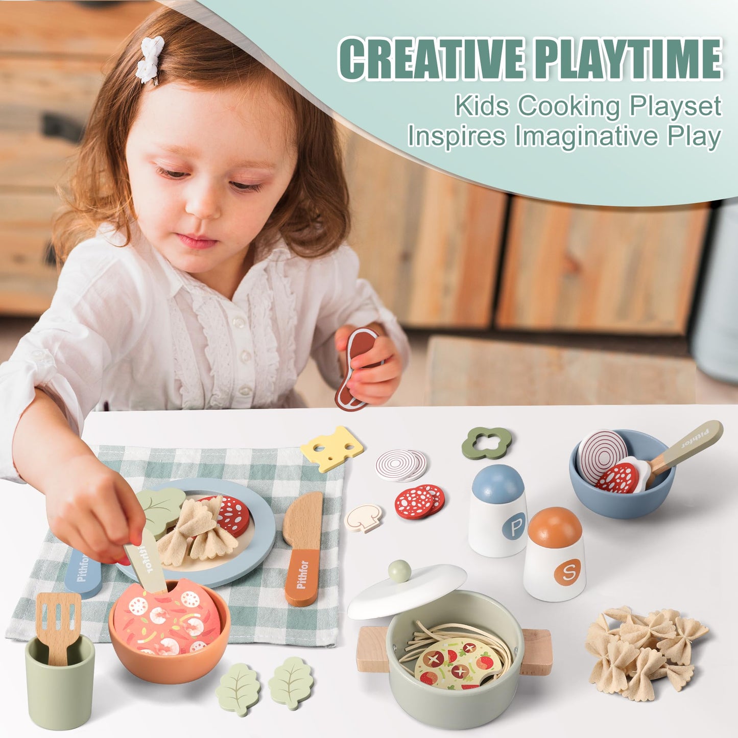 Pithfor Wooden Play Cooking Set – Pretend Kitchen Toys for Kids Aged 3-5