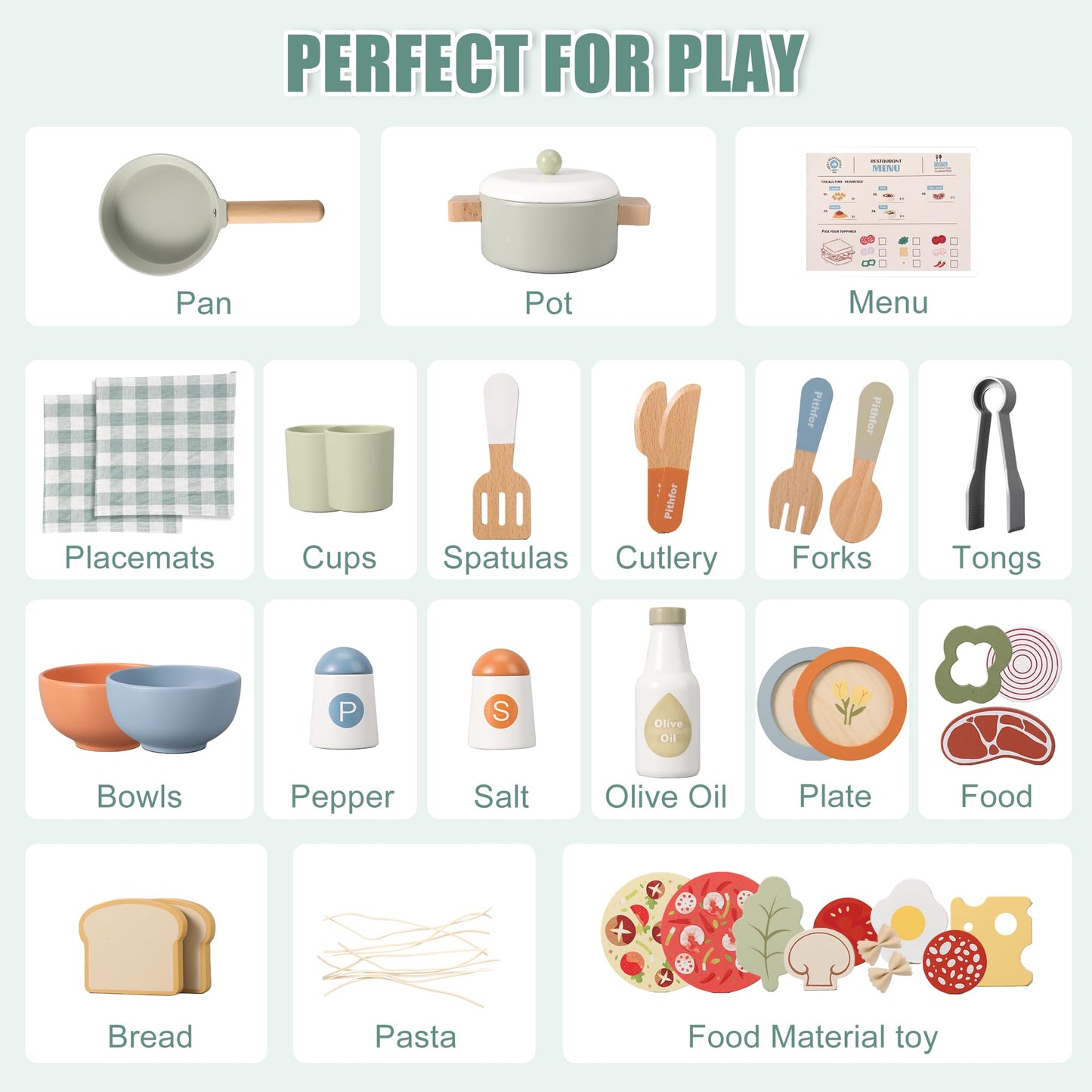 Pithfor Wooden Play Cooking Set – Pretend Kitchen Toys for Kids Aged 3-5