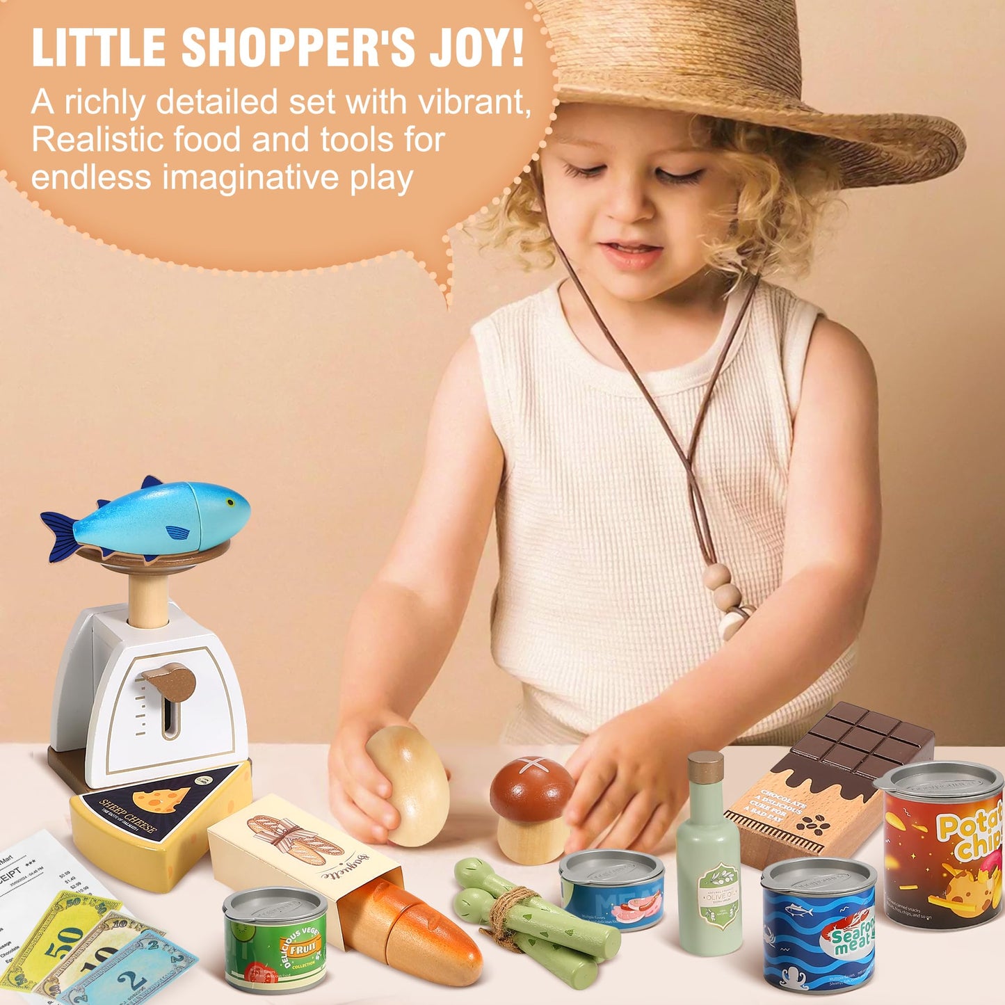 Pithfor Wooden Play Food Set for Kids – Realistic Grocery Store & Pretend Shopping Toy