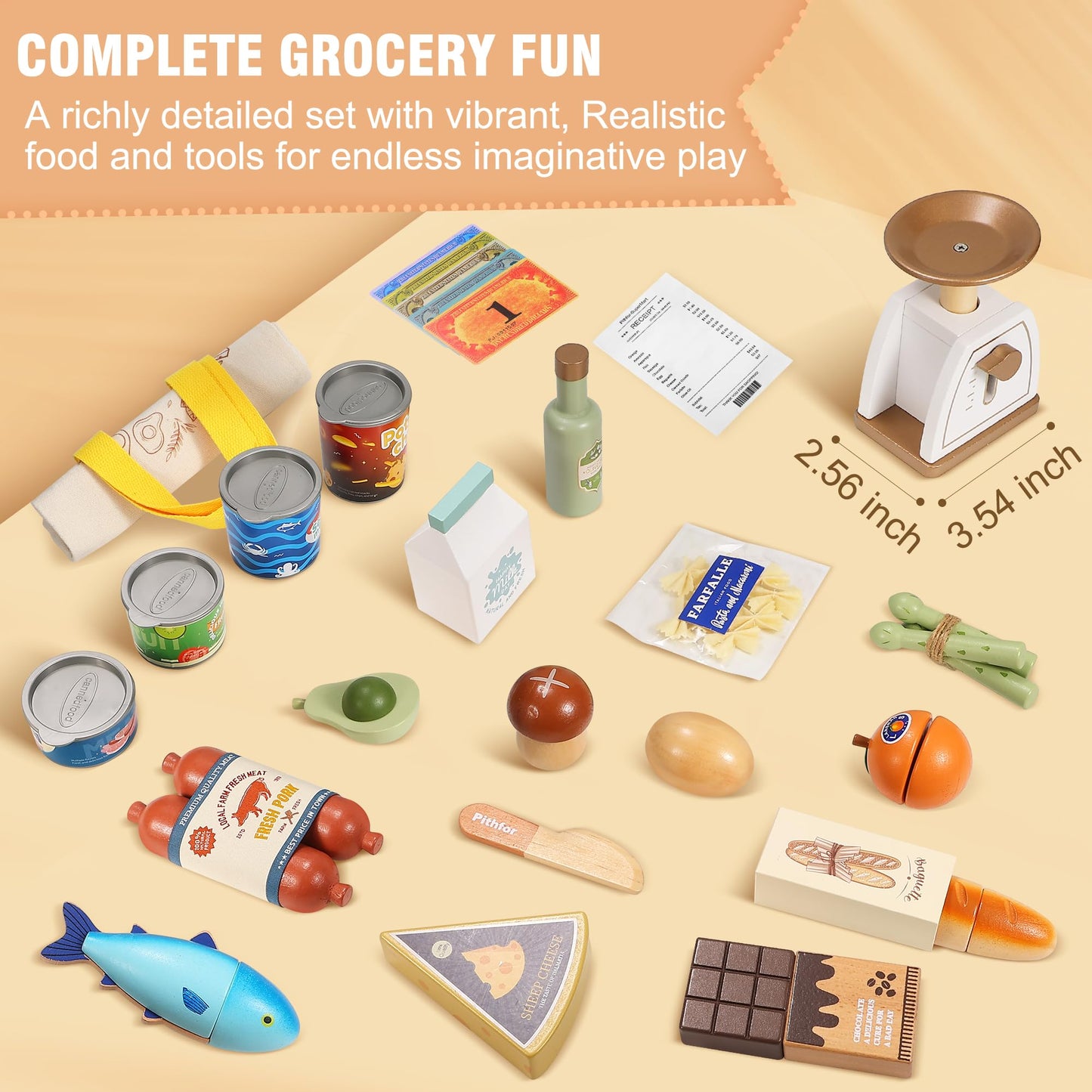 Pithfor Wooden Play Food Set for Kids – Realistic Grocery Store & Pretend Shopping Toy