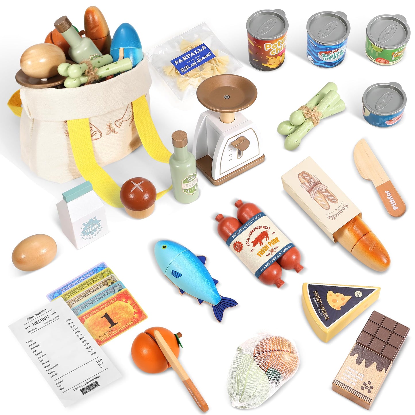 Pithfor Wooden Play Food Set for Kids – Realistic Grocery Store & Pretend Shopping Toy