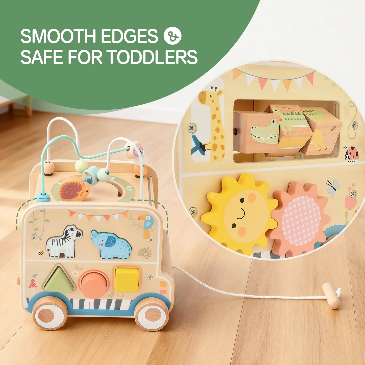Pithfor Wooden Pull-Along Activity Cube | Montessori Toy for Toddlers 1–3