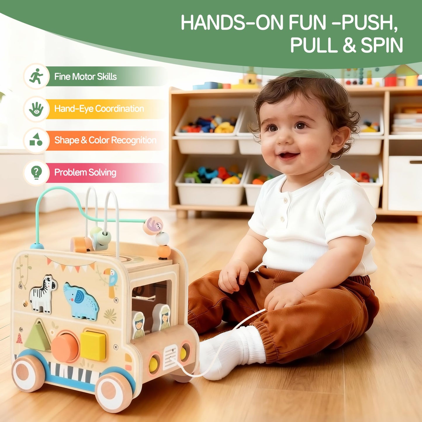 Pithfor Wooden Pull-Along Activity Cube | Montessori Toy for Toddlers 1–3