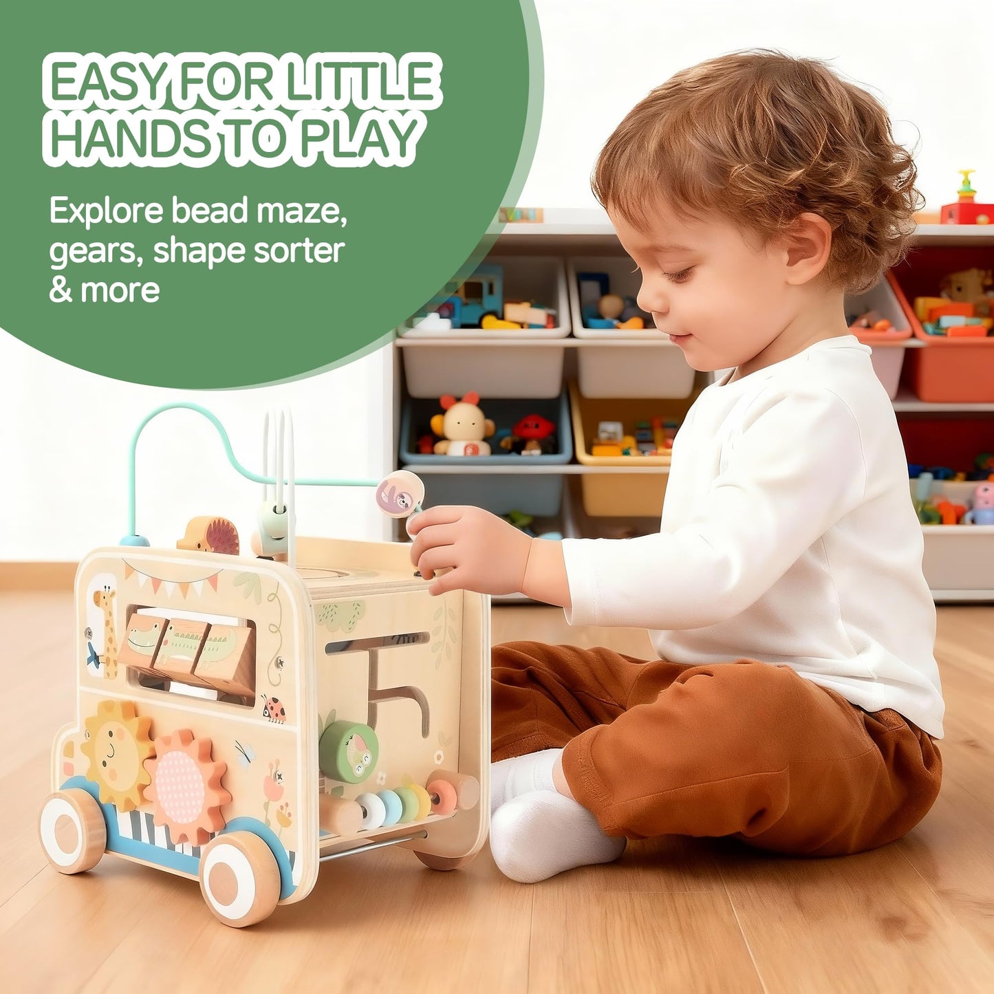 Pithfor Wooden Pull-Along Activity Cube | Montessori Toy for Toddlers 1–3