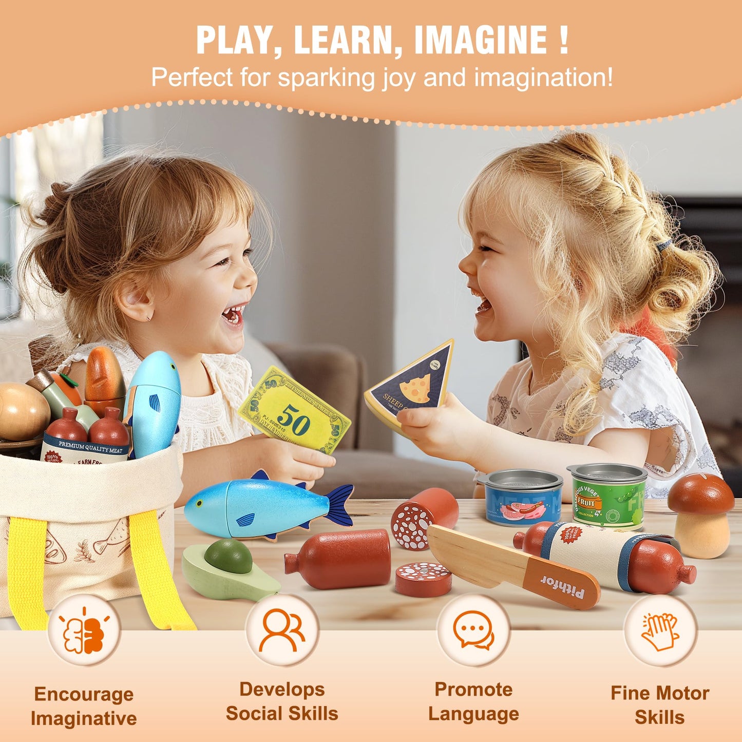 Pithfor Wooden Play Food Set for Kids – Realistic Grocery Store & Pretend Shopping Toy