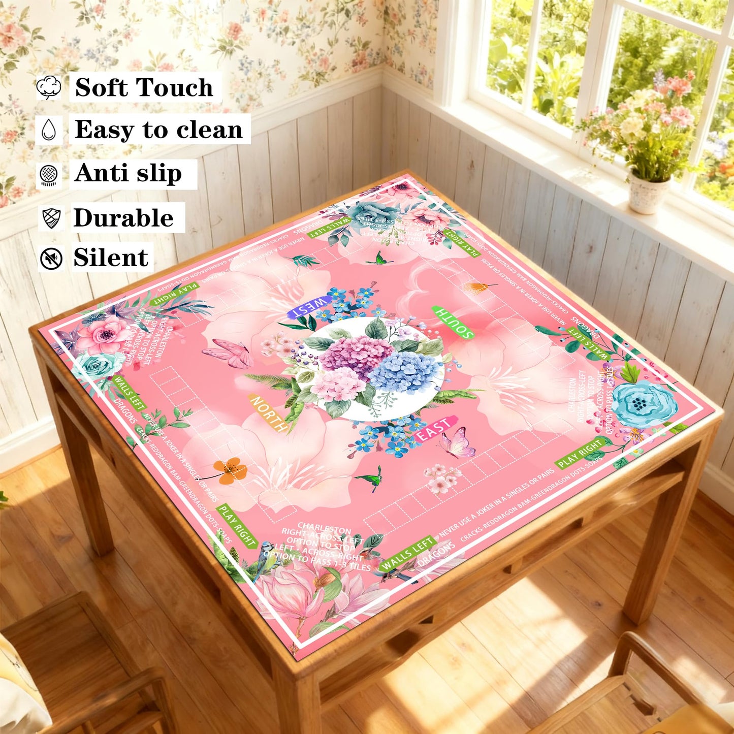Pittera Mahjong Mat for Table 31.5-Inch – Pink Floral, Noise-Reducing & Anti-Slip with Drawstring Bag