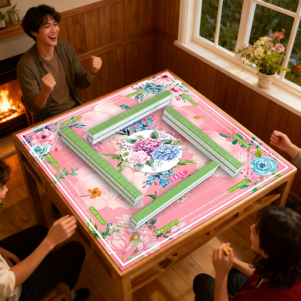 Pittera Mahjong Mat for Table 31.5-Inch – Pink Floral, Noise-Reducing & Anti-Slip with Drawstring Bag