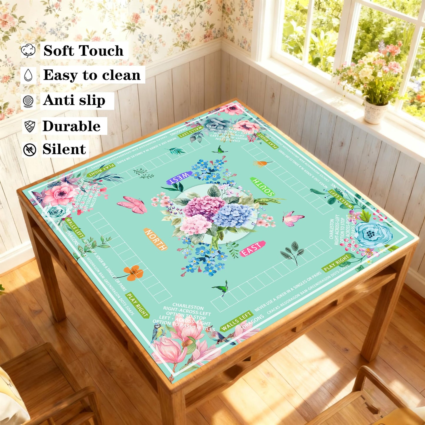 Pittera Mahjong Table Mat – 31.5x31.5 in, Floral Non-Slip, Includes Dice & Bag