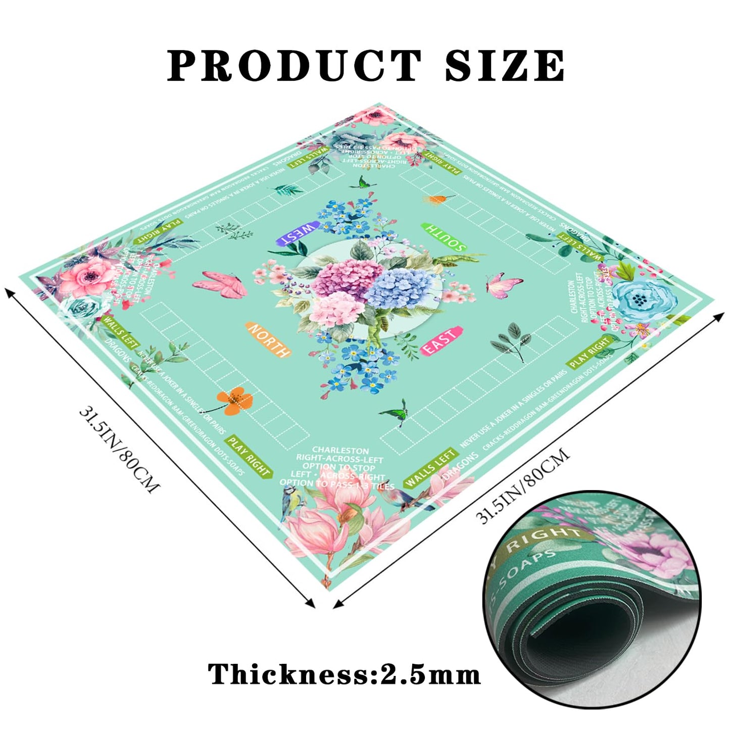 Pittera Mahjong Table Mat – 31.5x31.5 in, Floral Non-Slip, Includes Dice & Bag
