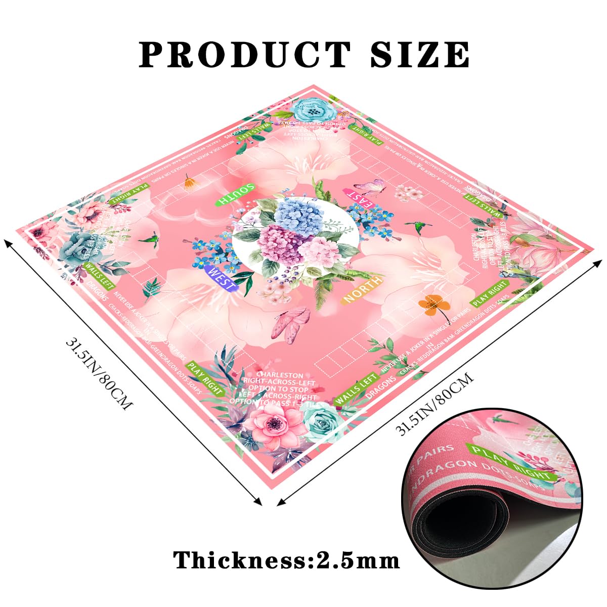 Pittera Mahjong Mat for Table 31.5-Inch – Pink Floral, Noise-Reducing & Anti-Slip with Drawstring Bag