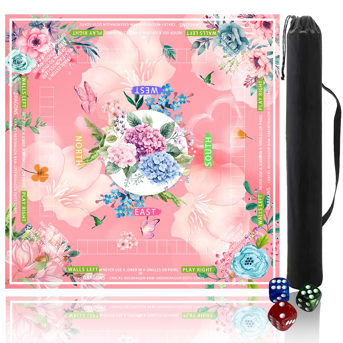 Pittera Mahjong Mat for Table 31.5-Inch – Pink Floral, Noise-Reducing & Anti-Slip with Drawstring Bag