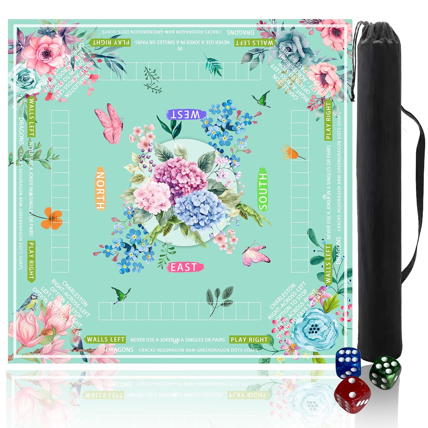 Pittera Mahjong Table Mat – 31.5x31.5 in, Floral Non-Slip, Includes Dice & Bag