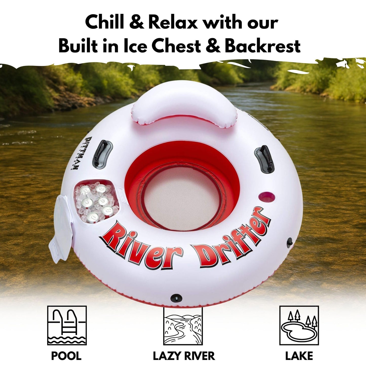 Pittman Outdoors River Drifter Inflatable Water Float Tube with Ice Chest Cooler – 1 Person
