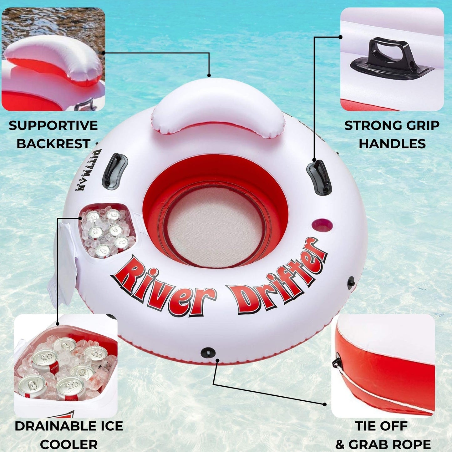 Pittman Outdoors River Drifter Inflatable Water Float Tube with Ice Chest Cooler – 1 Person