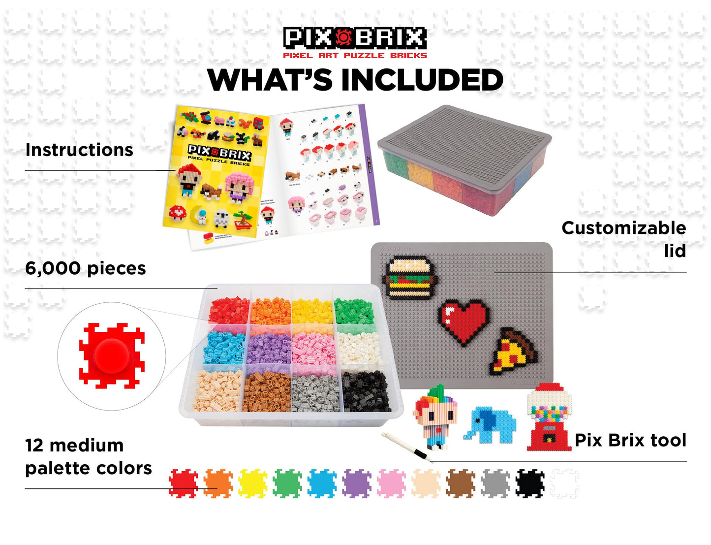 Pix Brix Pixel Art Kit – 6,000 Pieces, 12-Color Medium Palette, Interlocking Bricks