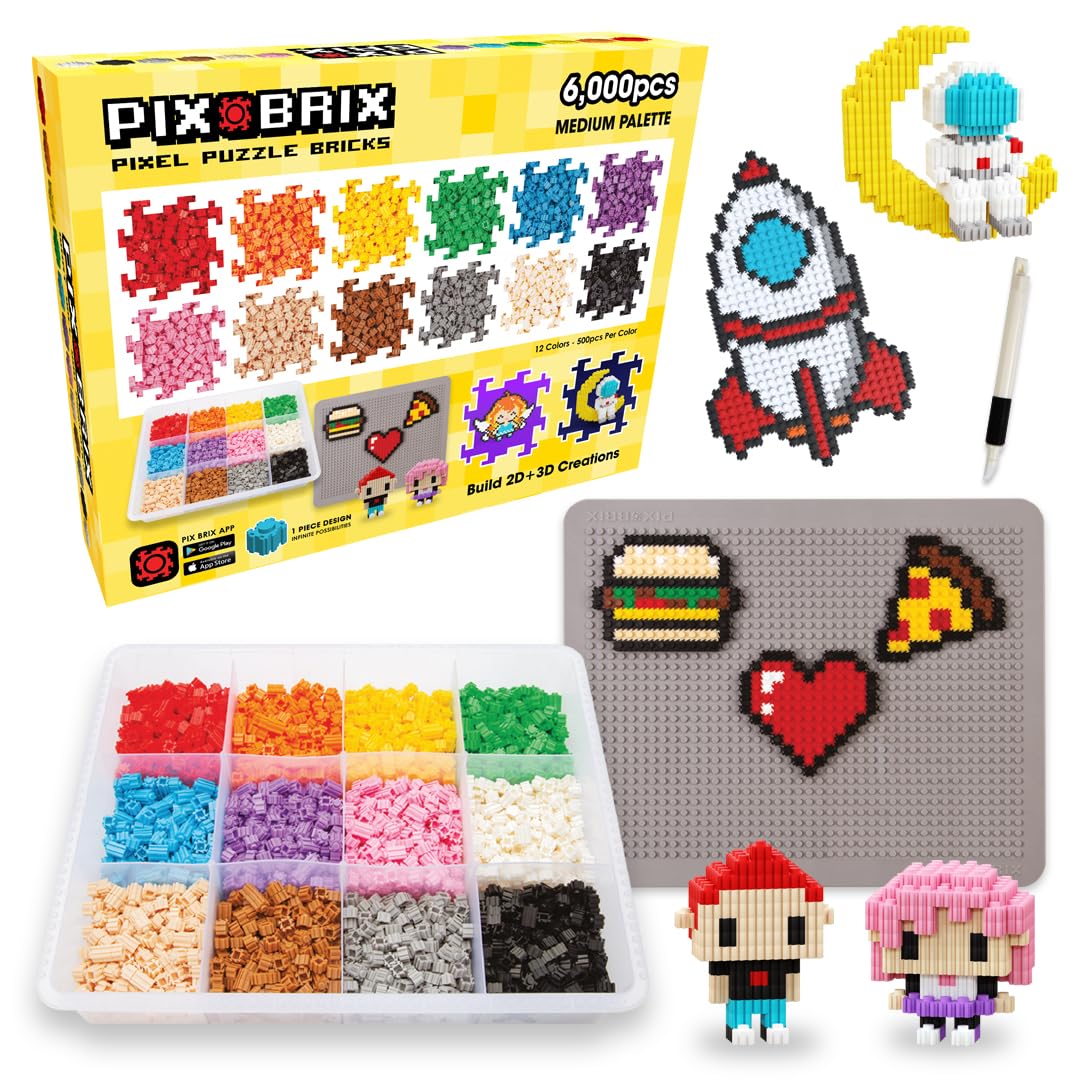Pix Brix Pixel Art Kit – 6,000 Pieces, 12-Color Medium Palette, Interlocking Bricks
