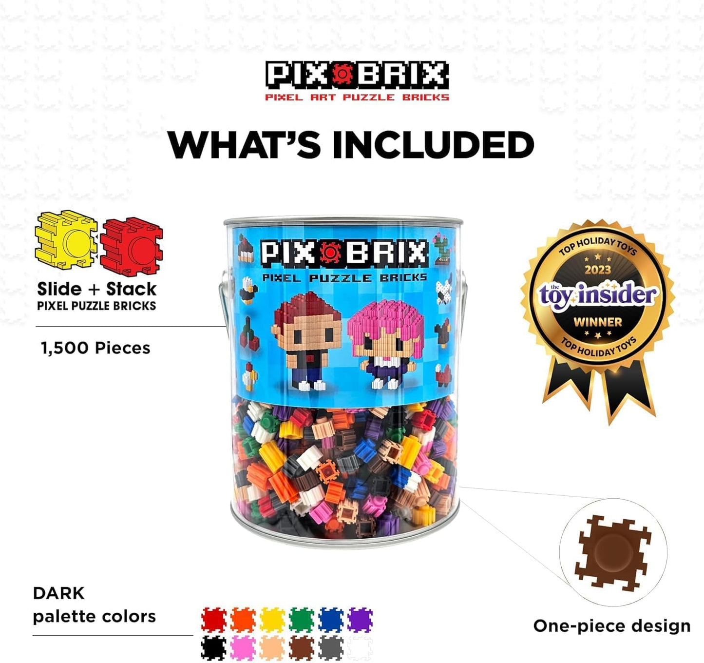 Pix Brix Pixel Art Puzzle Bricks – 1,500-Piece Dark Palette Kit (12 Colors) for 2D & 3D Builds