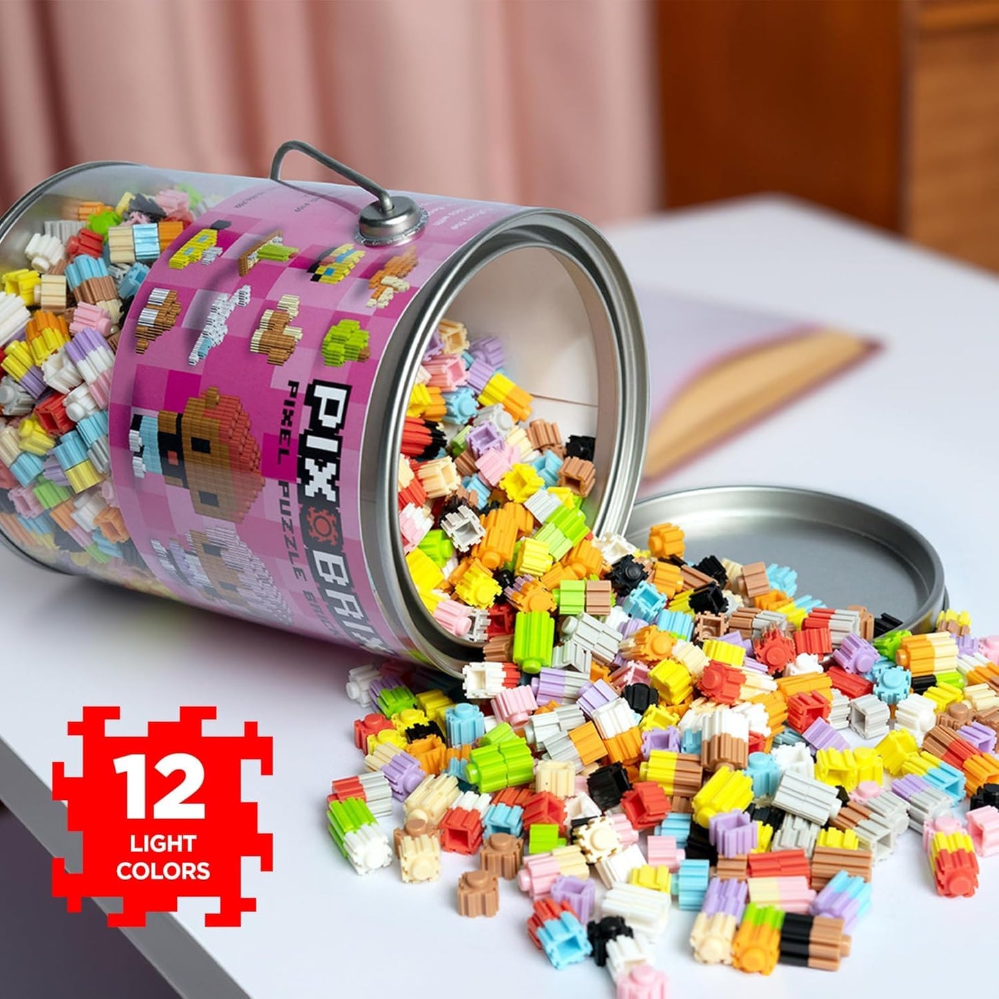 Pix Brix Pixel Art Kit Puzzle Bucket – 1,500-Piece Set with 12-Color Light Palette | Interlocking Bricks for 2D & 3D Creations | STEM Toy for Ages 6+