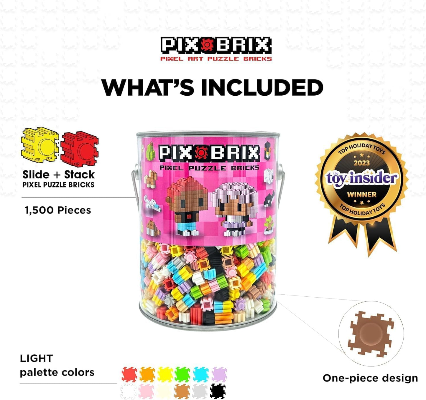 Pix Brix Pixel Art Kit Puzzle Bucket – 1,500-Piece Set with 12-Color Light Palette | Interlocking Bricks for 2D & 3D Creations | STEM Toy for Ages 6+