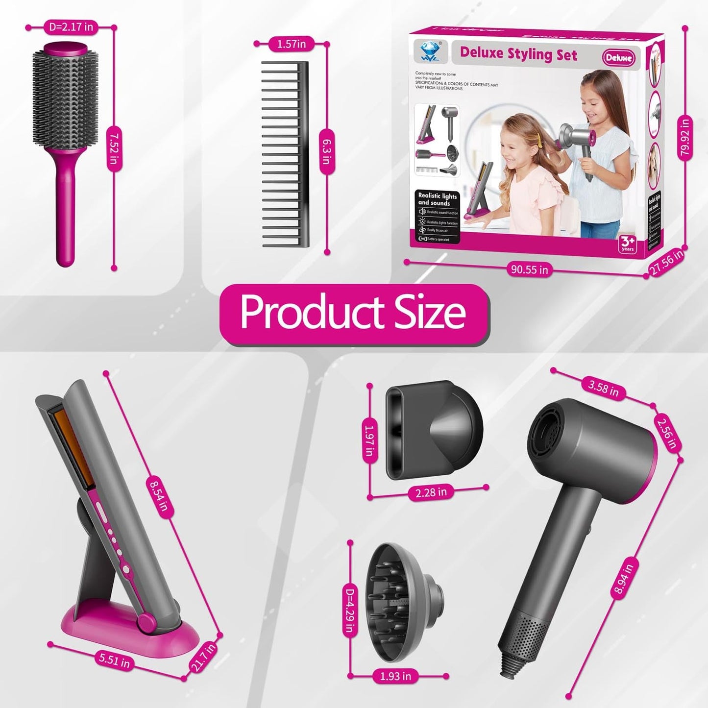 PIXATA Girls Hair Salon Toys: Deluxe Styling Set with Realistic Hair Dryer & Straightener for Kids 3+