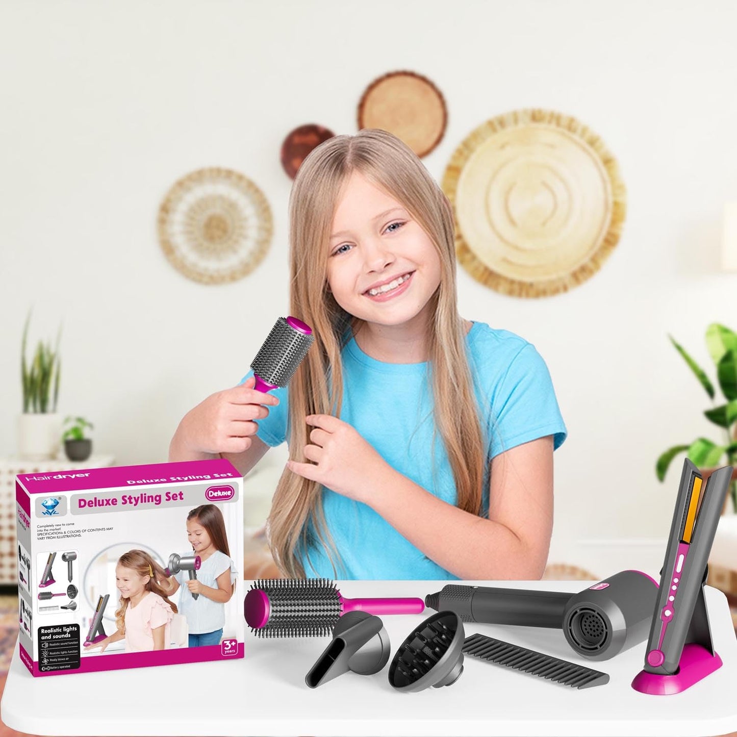 PIXATA Girls Hair Salon Toys: Deluxe Styling Set with Realistic Hair Dryer & Straightener for Kids 3+