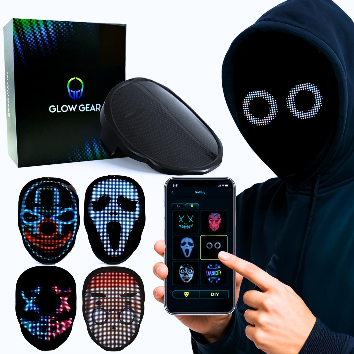 Pixel Stackers Glow Gear Face Mask – App-Controlled LED Cosplay Mask with 115+ Faces