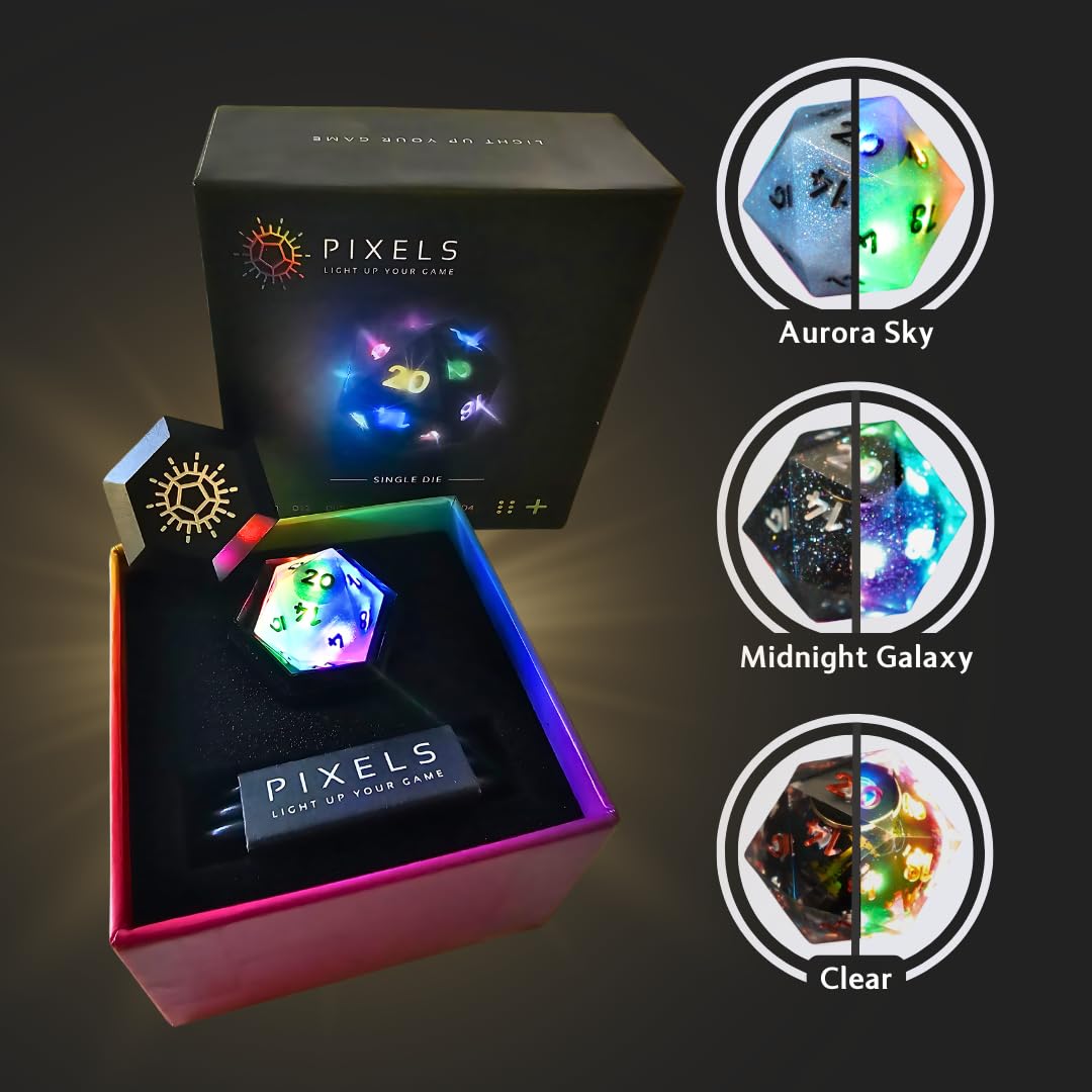 Pixels Electronic Dice D20 Midnight Galaxy – App-Controlled RGB Polyhedral Dice with Bluetooth & Wireless Charging