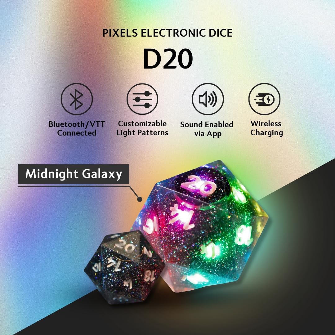 Pixels Electronic Dice D20 Midnight Galaxy – App-Controlled RGB Polyhedral Dice with Bluetooth & Wireless Charging