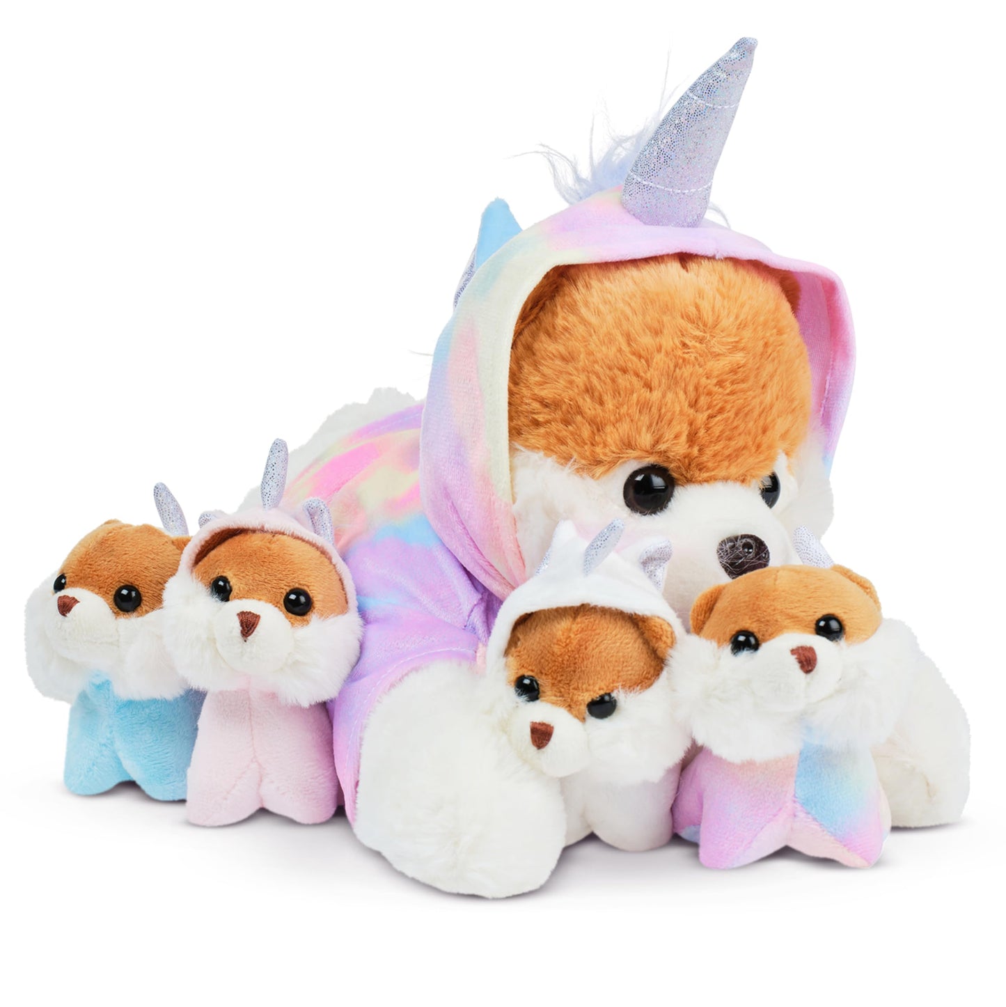 PixieCrush Bernese Mommy Plush with 4 Puppies – Huggable Dog Stuffed Animals (5x10x8)