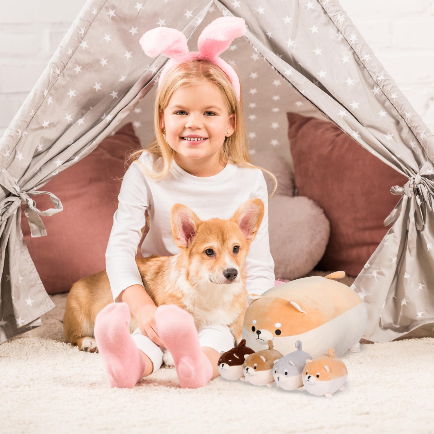 PixieCrush Shiba Inu Mommy with Puppies Plush Toy Set for Girls 3–8