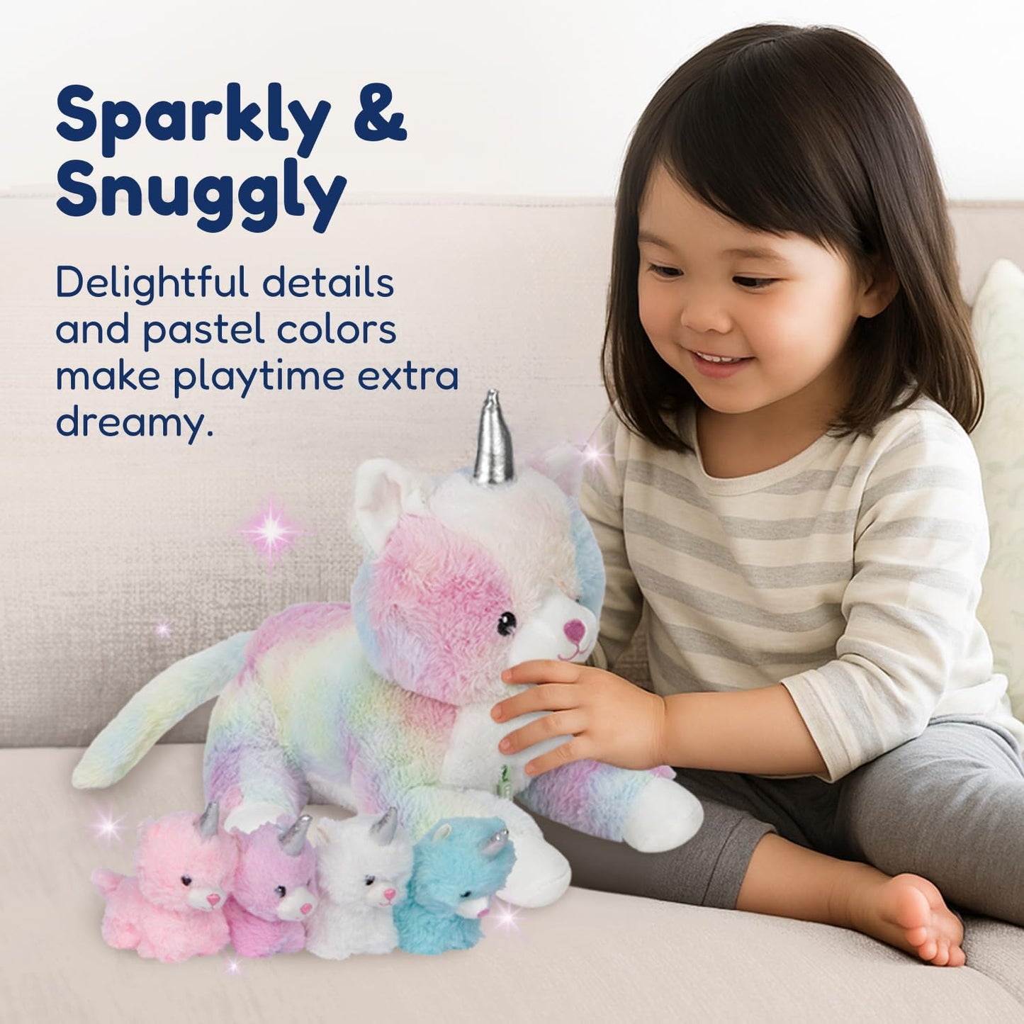 PixieCrush Unicorn Cat Plushie Set – Mommy Cat Unicorn with 4 Baby Kittens | 5x10x8 in