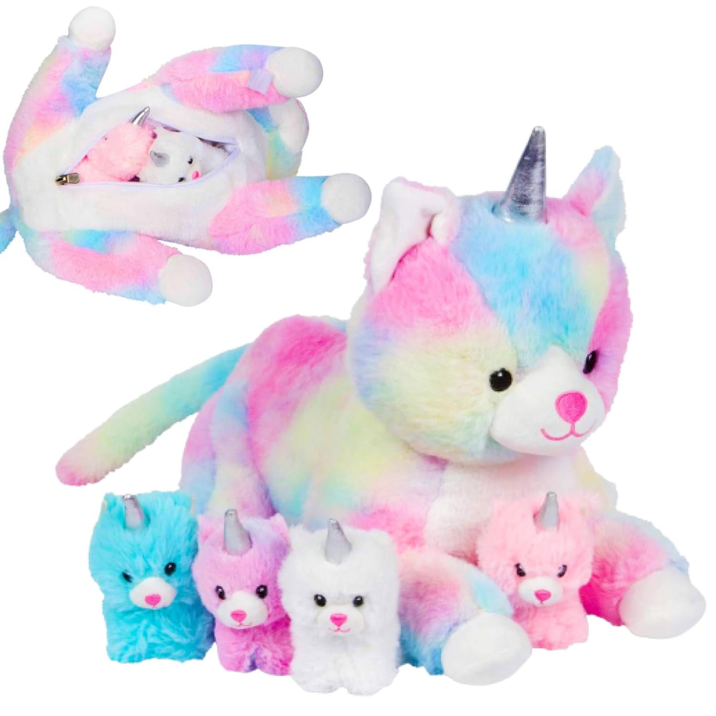 PixieCrush Unicorn Cat Plushie Set – Mommy Cat Unicorn with 4 Baby Kittens | 5x10x8 in