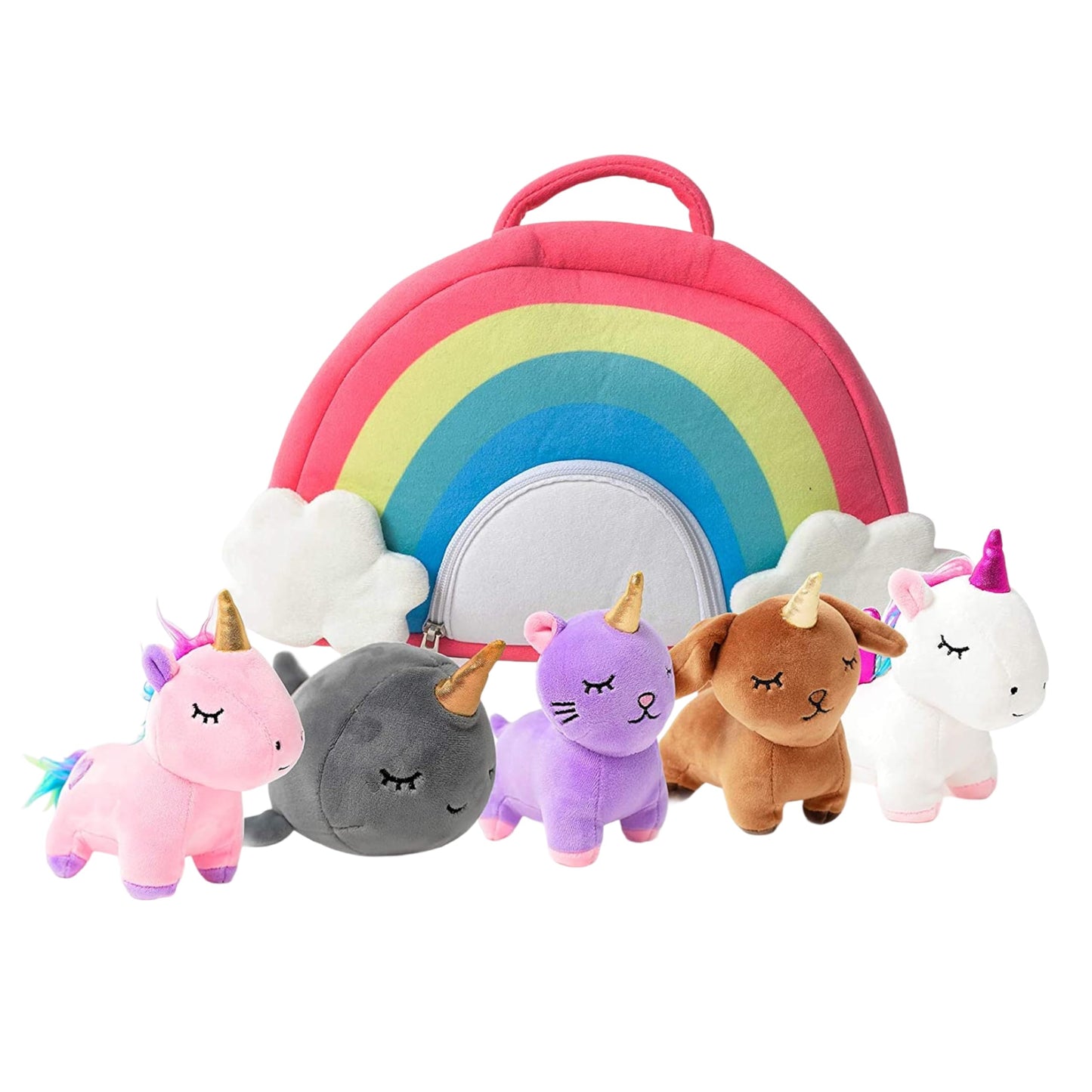 PixieCrush Unicorn Stuffed Animal Set – 5 Plush Toys with Rainbow Carry Case (Ages 3+)